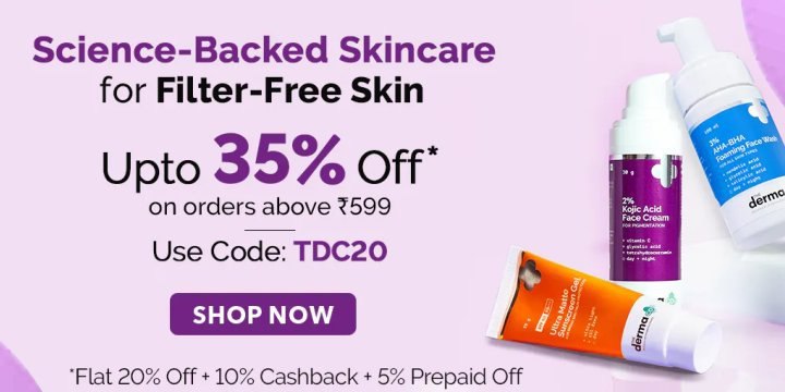 Shop now from TheDermaCo. & Get flat 20% off on orders above Rs.599 & 10% cashback + Extra 5% prepaid off on your purchase π€
