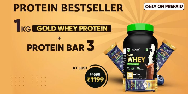 Get your hands on Bestselling 1kg Gold Whey Protein + Protein Bar 3 at just βΉ1199 use code to avail your offer ππ»