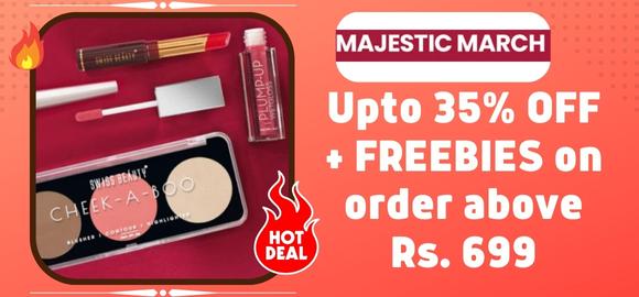 Majestic March- SWISS BEAUTY π Up To 35% Off Across all categories π©π»βπΌ +#Free Eyeshadow On Orders above Rs.699